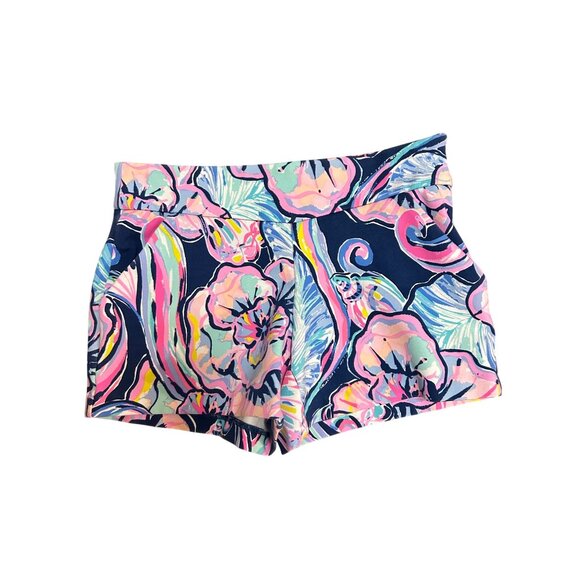 Lilly Pulitzer 4” Makenna Blue Pink Floral Stretchy Beach Shorts 0 Ponte - Picture 1 of 4